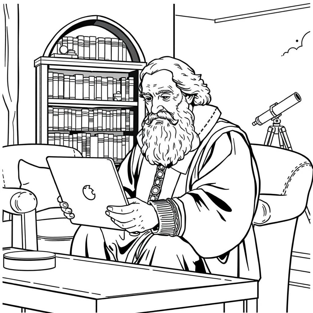 Galileo Galilei depicted using a laptop in a cozy living room setting