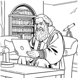 Galileo Galilei depicted using a laptop in a cozy living room setting