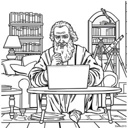 Galileo Galilei depicted using a laptop in a cozy living room setting