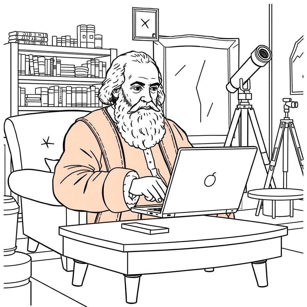 Galileo Galilei depicted using a laptop in a cozy living room setting