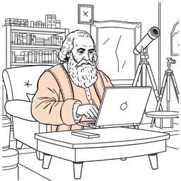 Galileo Galilei depicted using a laptop in a cozy living room setting