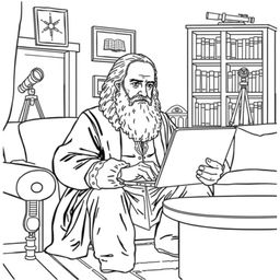 Galileo Galilei depicted using a laptop in a cozy living room setting