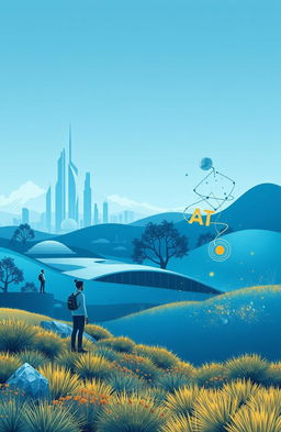 a modern minimalist landscape depicting a harmonious coexistence between humans and AI, with humans and AI creatively interacting in a serene environment