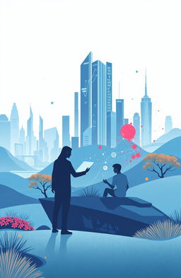 a modern minimalist landscape depicting a harmonious coexistence between humans and AI, with humans and AI creatively interacting in a serene environment