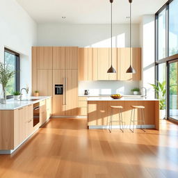 A modern kitchen featuring sleek cabinetry in a light wood color, complemented by clean, white surfaces and minimalist design elements