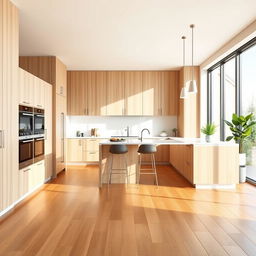 A modern kitchen featuring sleek cabinetry in a light wood color, complemented by clean, white surfaces and minimalist design elements