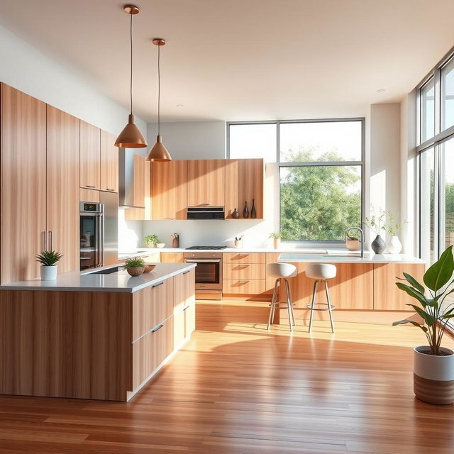 A modern kitchen featuring sleek cabinetry in a light wood color, complemented by clean, white surfaces and minimalist design elements