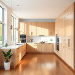 A modern kitchen featuring sleek cabinetry in a light wood color, complemented by clean, white surfaces and minimalist design elements