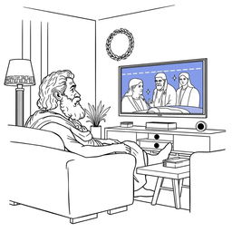 Socrates depicted watching a movie on a modern TV in a cozy living room setting