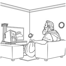 Socrates depicted watching a movie on a modern TV in a cozy living room setting