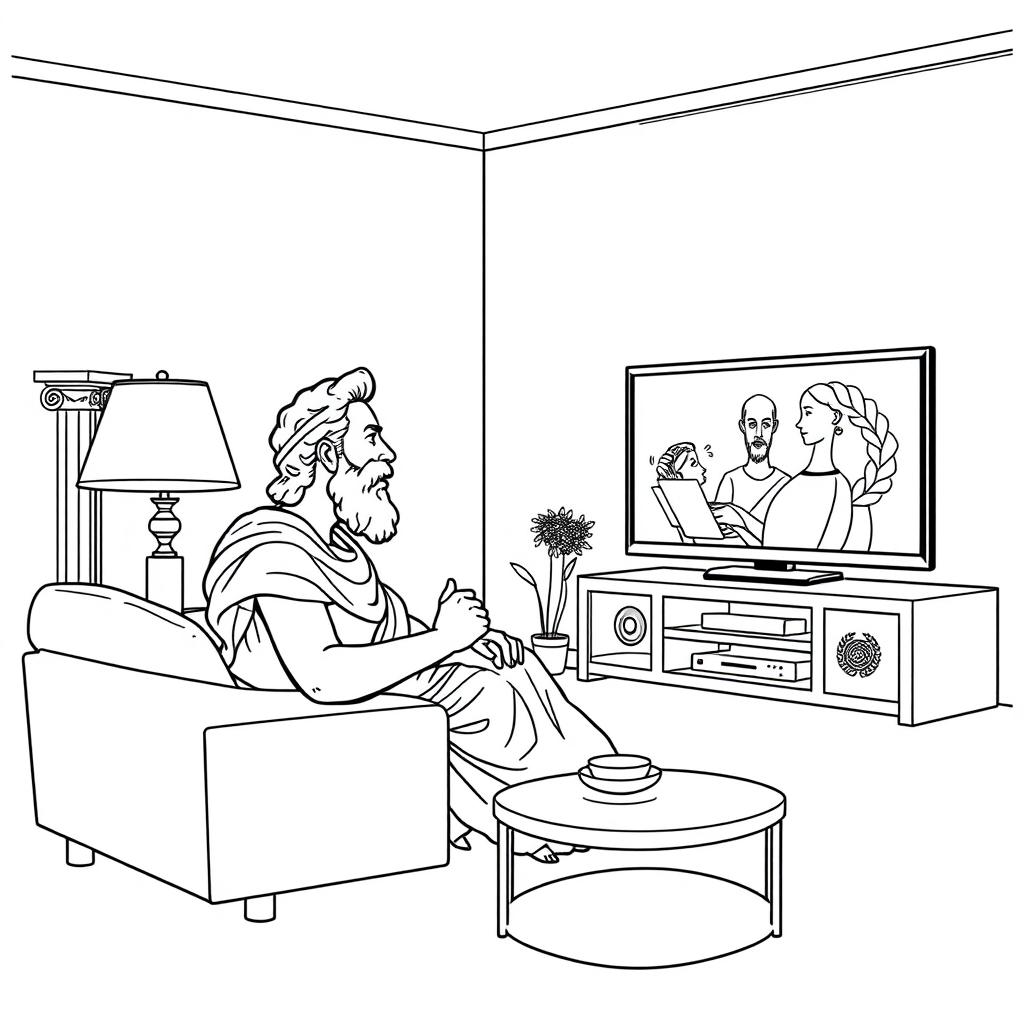 Socrates depicted watching a movie on a modern TV in a cozy living room setting