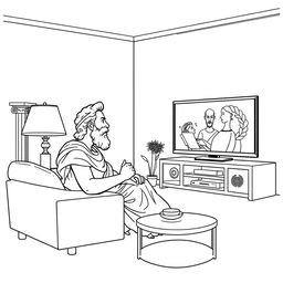 Socrates depicted watching a movie on a modern TV in a cozy living room setting