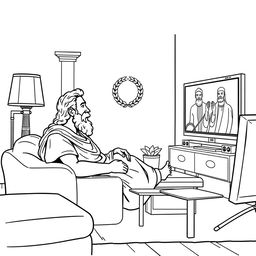 Socrates depicted watching a movie on a modern TV in a cozy living room setting