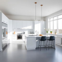 A modern kitchen featuring sleek cabinetry in a refreshing combination of white and baby blue, accentuating the airy and contemporary vibe of the space