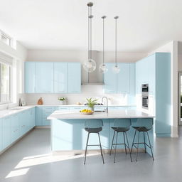 A modern kitchen featuring sleek cabinetry in a refreshing combination of white and baby blue, accentuating the airy and contemporary vibe of the space