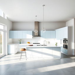 A modern kitchen featuring sleek cabinetry in a refreshing combination of white and baby blue, accentuating the airy and contemporary vibe of the space