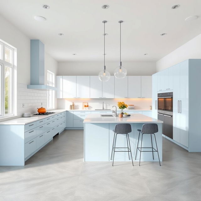 A modern kitchen featuring sleek cabinetry in a refreshing combination of white and baby blue, accentuating the airy and contemporary vibe of the space