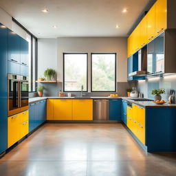 A modern kitchen featuring vibrant cabinetry in a harmonious blend of blue, yellow, and grey colors