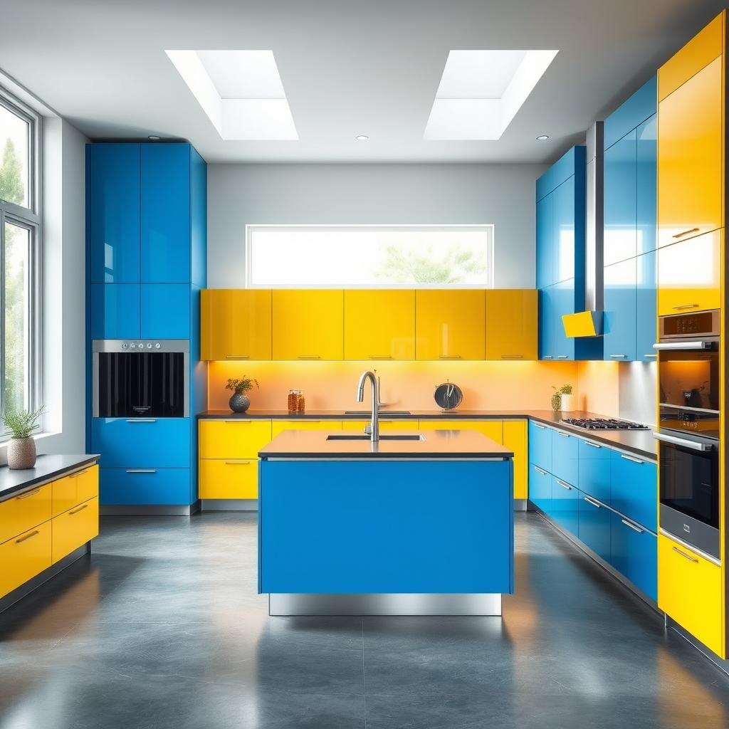 A modern kitchen featuring vibrant cabinetry in a harmonious blend of blue, yellow, and grey colors