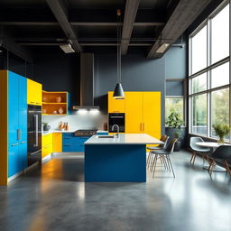 A modern kitchen featuring vibrant cabinetry in a harmonious blend of blue, yellow, and grey colors