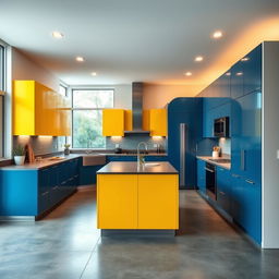 A modern kitchen featuring vibrant cabinetry in a harmonious blend of blue, yellow, and grey colors