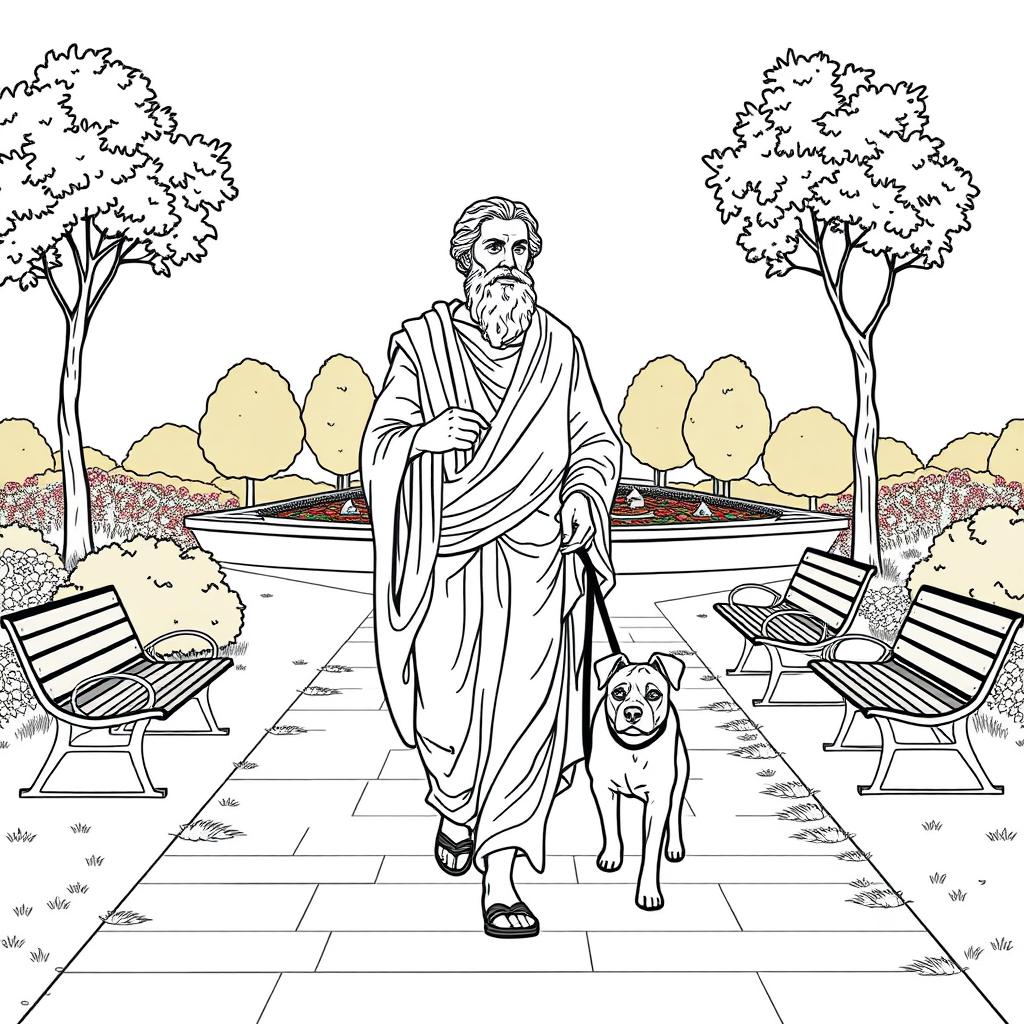 Plato depicted walking his dog in a modern park setting