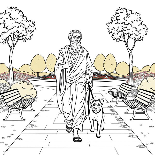 Plato depicted walking his dog in a modern park setting