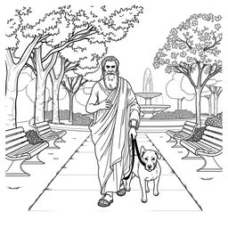 Plato depicted walking his dog in a modern park setting