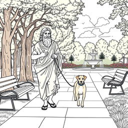 Plato depicted walking his dog in a modern park setting