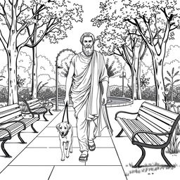 Plato depicted walking his dog in a modern park setting