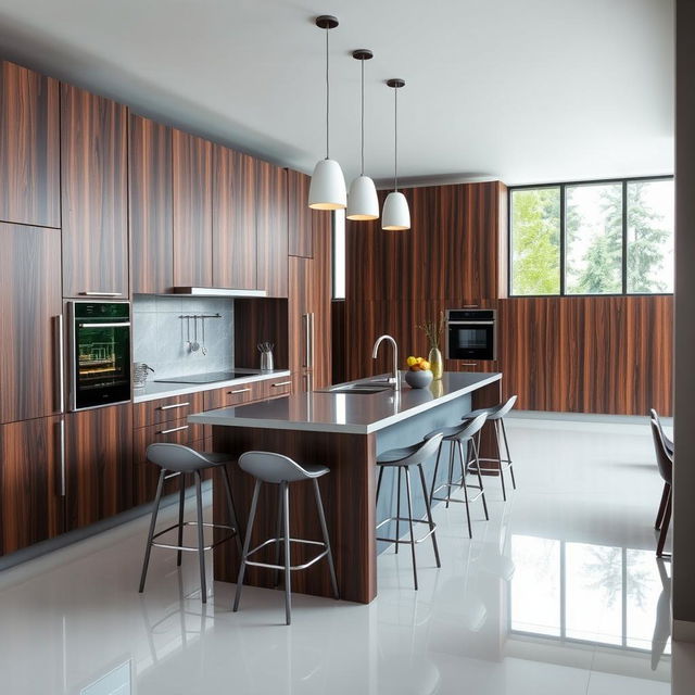 A modern kitchen featuring sleek cabinetry in a sophisticated combination of grey and dark brown wood tones, creating an elegant and contemporary look