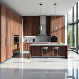 A modern kitchen featuring sleek cabinetry in a sophisticated combination of grey and dark brown wood tones, creating an elegant and contemporary look
