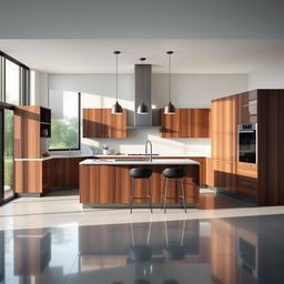 A modern kitchen featuring sleek cabinetry in a sophisticated combination of grey and dark brown wood tones, creating an elegant and contemporary look