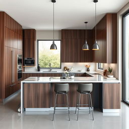 A modern kitchen featuring sleek cabinetry in a sophisticated combination of grey and dark brown wood tones, creating an elegant and contemporary look