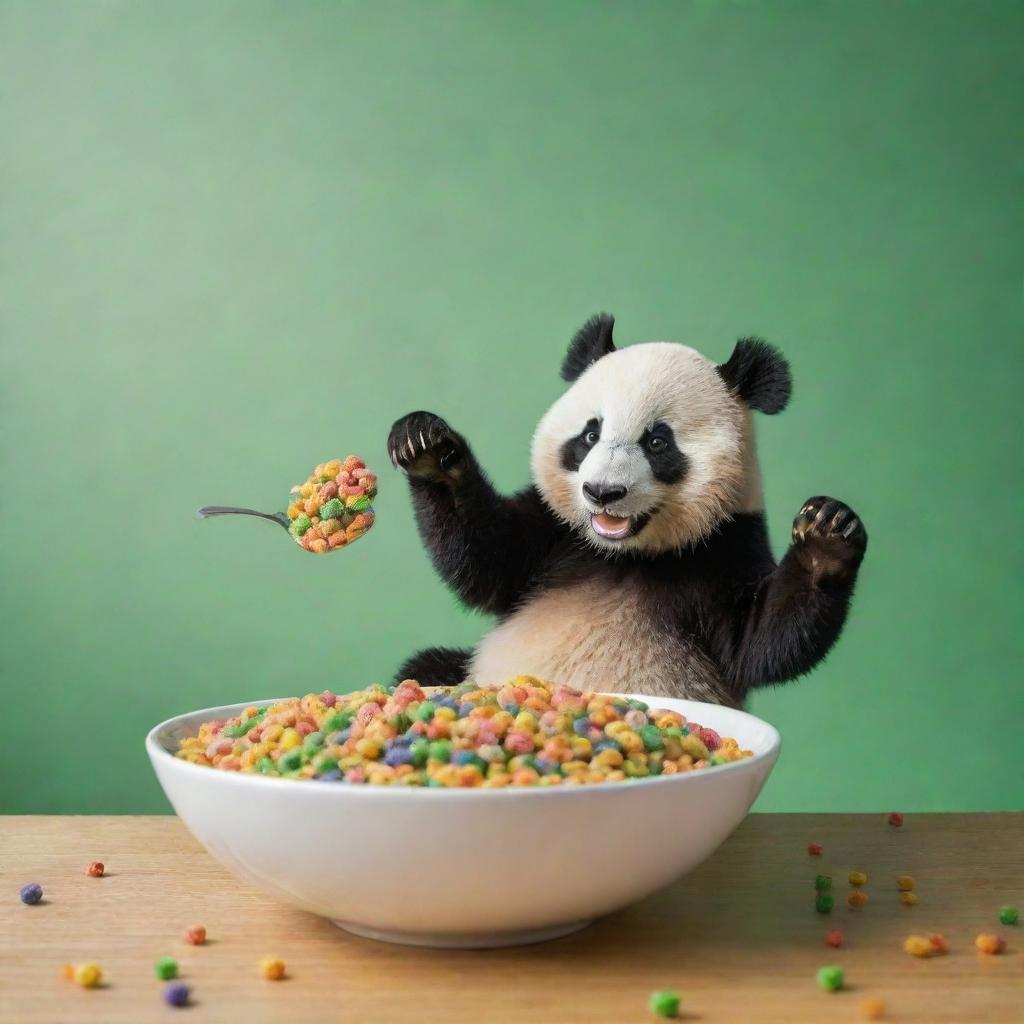 A captivating image of a playful panda reaching forward with a spoon towards an abundant bowl of solely green, bamboo-like striped cereal loops. This vibrant scene is designed for a cereal box cover.