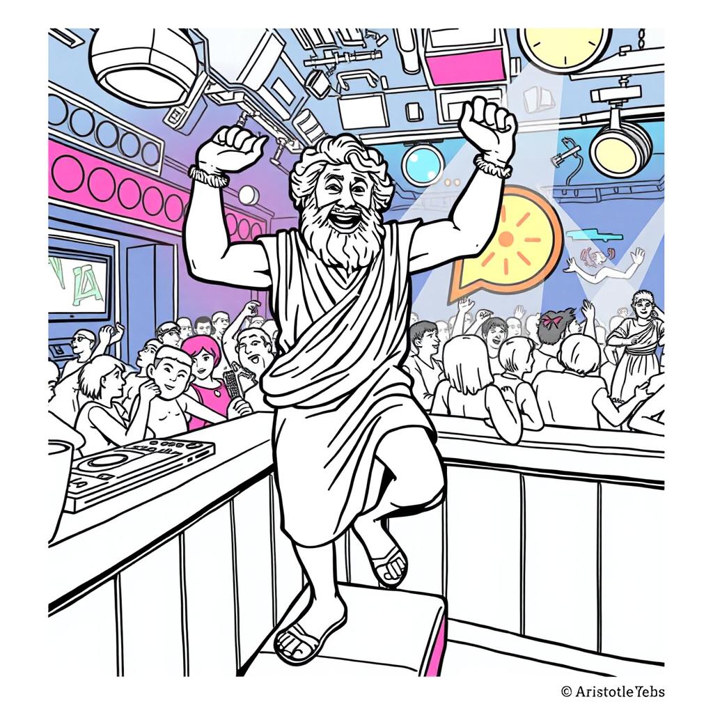 Aristotle depicted dancing energetically on a bar in a lively nightclub setting