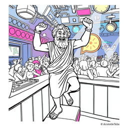 Aristotle depicted dancing energetically on a bar in a lively nightclub setting