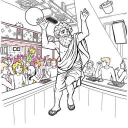 Aristotle depicted dancing energetically on a bar in a lively nightclub setting