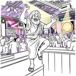 Aristotle depicted dancing energetically on a bar in a lively nightclub setting