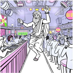 Aristotle depicted dancing energetically on a bar in a lively nightclub setting