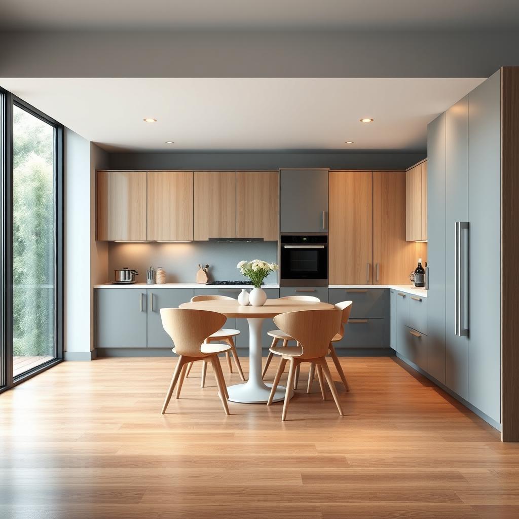 A modern kitchen featuring sleek cabinetry in a sophisticated blend of grey and light wood tones, providing an elegant yet warm atmosphere