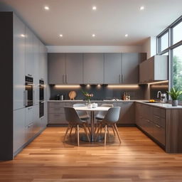 A modern kitchen featuring sleek cabinetry in a sophisticated blend of grey and light wood tones, providing an elegant yet warm atmosphere