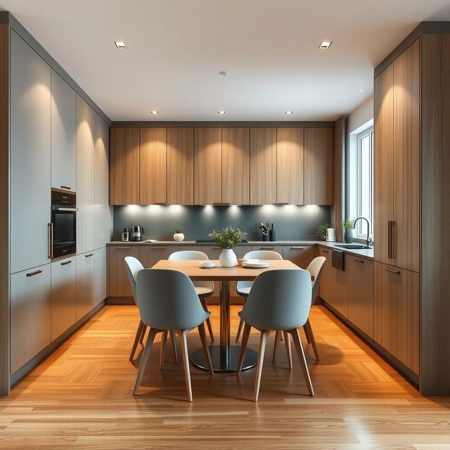 A modern kitchen featuring sleek cabinetry in a sophisticated blend of grey and light wood tones, providing an elegant yet warm atmosphere