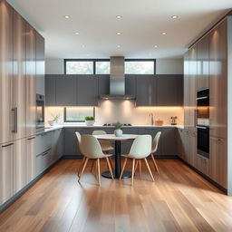 A modern kitchen featuring sleek cabinetry in a sophisticated blend of grey and light wood tones, providing an elegant yet warm atmosphere