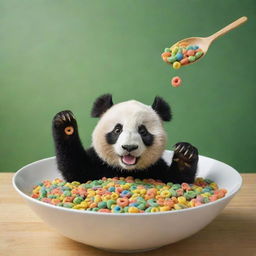 A captivating image of a playful panda reaching forward with a spoon towards an abundant bowl of solely green, bamboo-like striped cereal loops. This vibrant scene is designed for a cereal box cover.