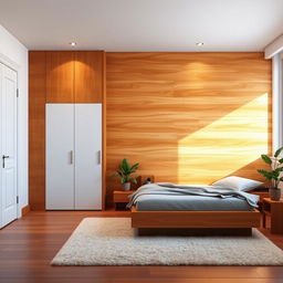 a cozy bedroom with a wall made of rich, warm-colored wood and a bed crafted from the same matching wood material, creating a harmonious look