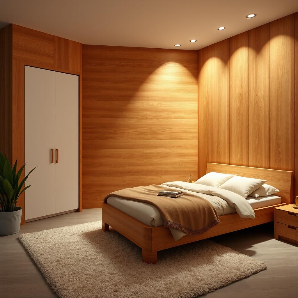 a cozy bedroom with a wall made of rich, warm-colored wood and a bed crafted from the same matching wood material, creating a harmonious look