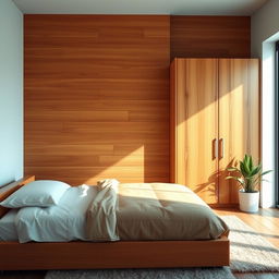 a cozy bedroom with a wall made of rich, warm-colored wood and a bed crafted from the same matching wood material, creating a harmonious look