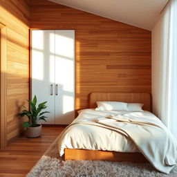 a cozy bedroom with a wall made of rich, warm-colored wood and a bed crafted from the same matching wood material, creating a harmonious look