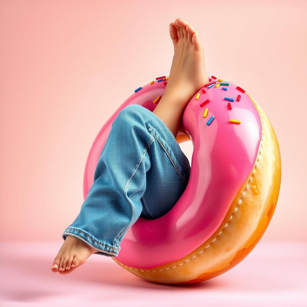 A whimsical, surrealistic doughnut with woman's legs emerging from the center